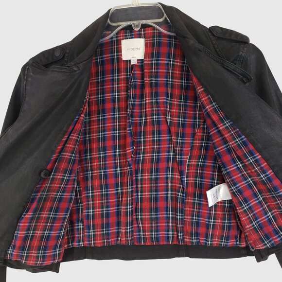 Hidden Jeans Cropped Black Faux Leather Moto Jacket Womens L - Picture 5 of 13
